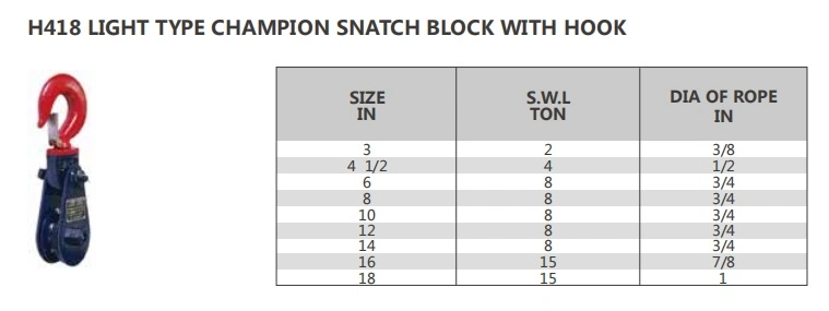 4 Ton H418 Light Type Champion Snatch Block with Hook